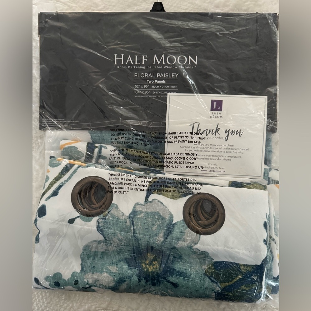 NIB Lush Decor Half Moon Floral Paisley Curtains - Navy and White. - Picture 2 of 8
